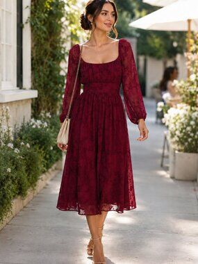 Lulus Burgundy Floral Lace-Up Back Midi Dress NWT Size Medium